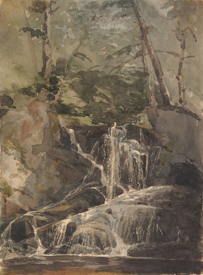 Small Waterfall in Forest de Thomas Sully, pintura a óleo que retrata uma cascata em uma floresta exuberante.