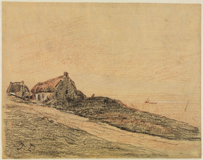Coastal landscape with two cottages and waves, oil painting by Jules Dupré