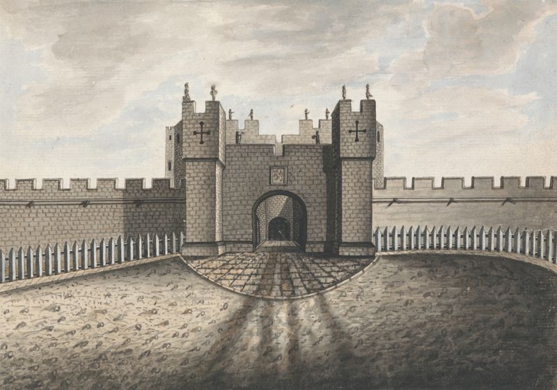 Gateway Alnwick, acuarela sobre papel de William Beilby, con un gran arco en un paisaje.