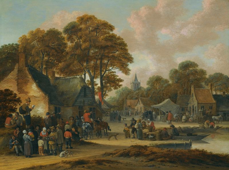 A Village Market Scene by Salomon Rombouts, oil on canvas depicting a lively village market.