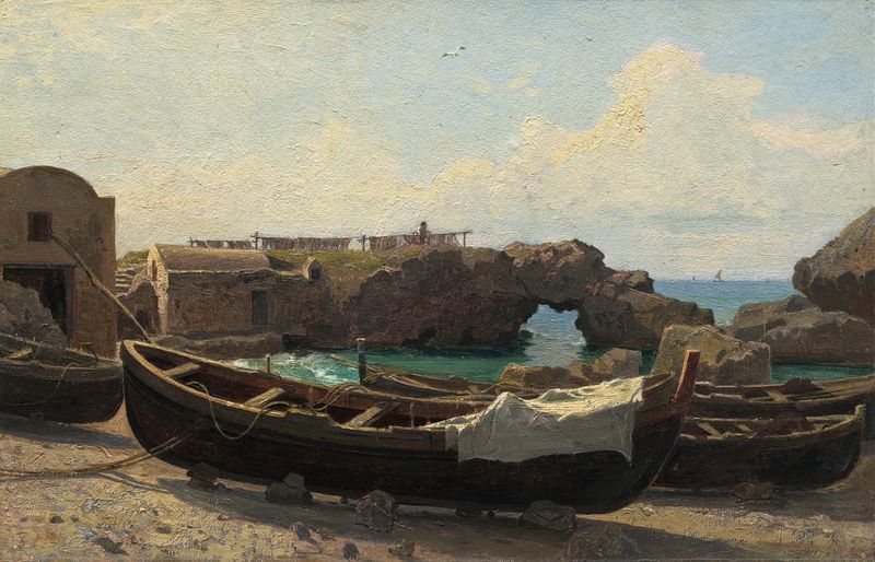 Marina Piccola, Capri by William Stanley Haseltine, oil painting depicting a sunset over the sea.