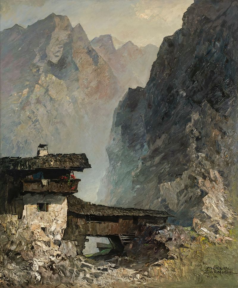 Oil painting by Oskar Mulley featuring a landscape with hills, sunlight, and wildflowers