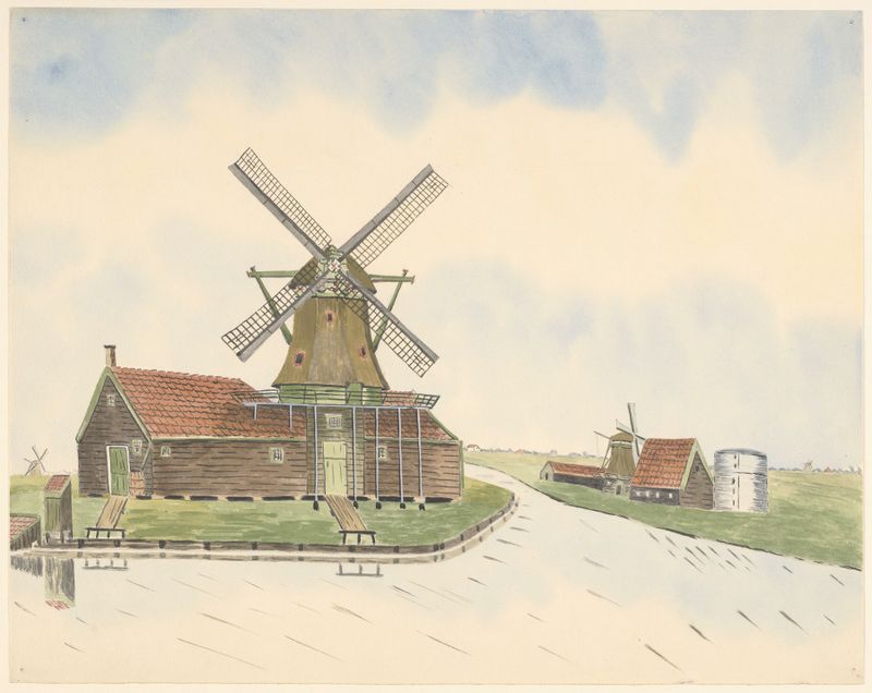 óleo sobre lienzo de Johannes Nicolaas Eijman que muestra un molino de aceite arruinado con humo contra un cielo oscuro