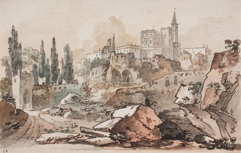 Rococo landscape oil painting by Jens Petersen Lund featuring a palace surrounded by trees and cliffs.