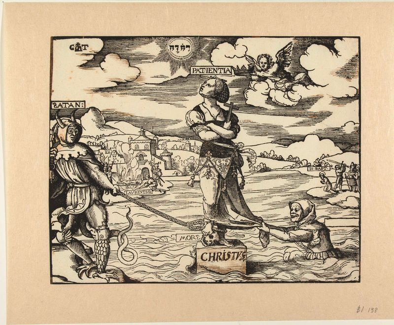 Pintura al óleo de Cornelis Anthonisz que representa una figura serena sobre una piedra en el agua.