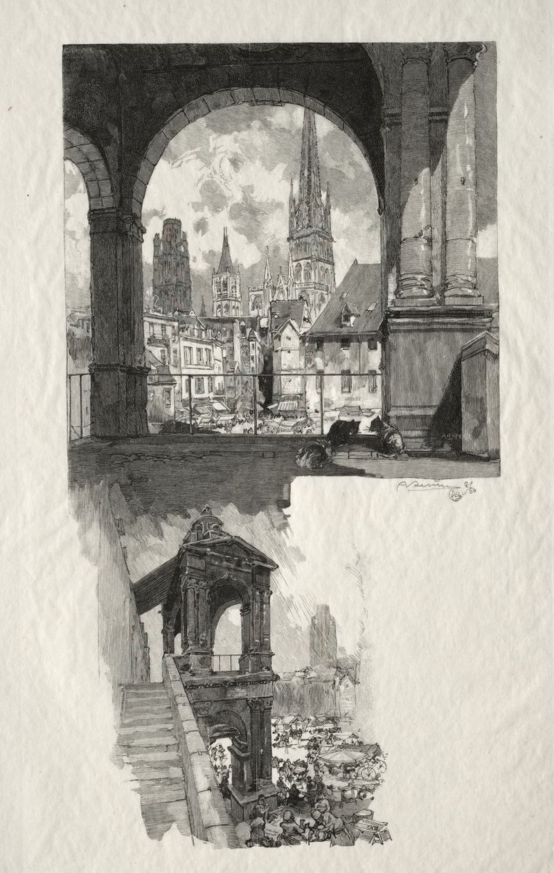 Gravura de Auguste Louis Lepère de Place de la Haute Vieille Tour, apresentando um arco arquitetônico.