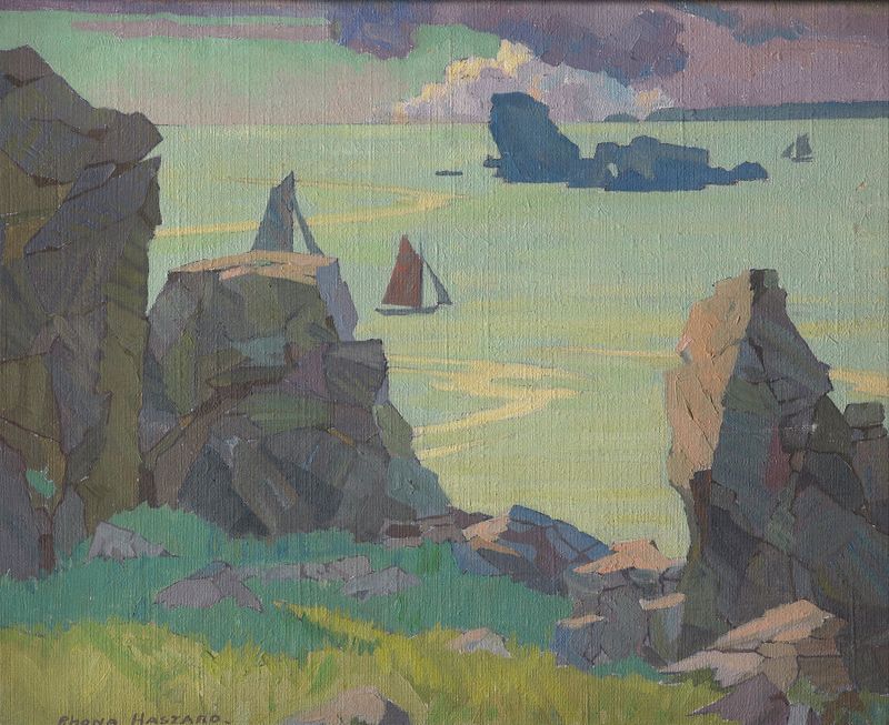 Escena marina con olas y costa de Rhona Haszard, óleo sobre lienzo