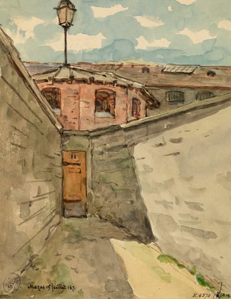 Architecture of Prison Mazas by Armand Gautier, 1871, featuring heavy shadows.