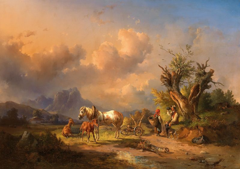 Un campesino descansando con animales pastando y un potro, óleo sobre lienzo de Edmund Mahlknecht