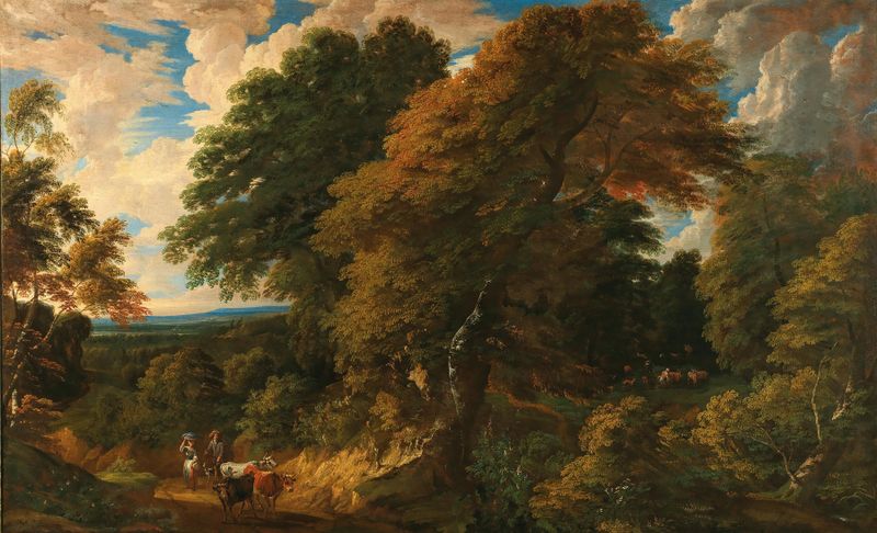 Wooded landscape with peasants and cattle, oil painting by Cornelis Huysmans