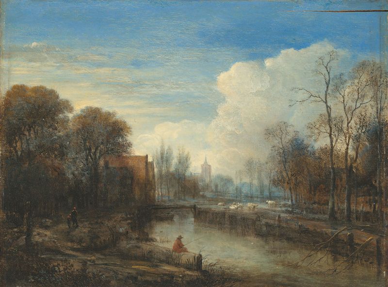 Un paisaje de río con un pescador y ovejas, óleo sobre lienzo de Aert van der Neer