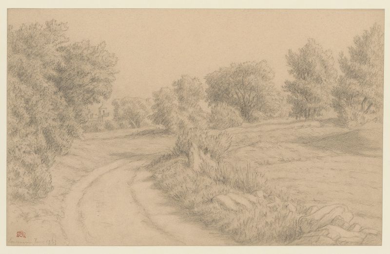 Lourmarin de Henri Rivière, aquarela sobre papel que representa uma aldeia cercada por colinas verdes.