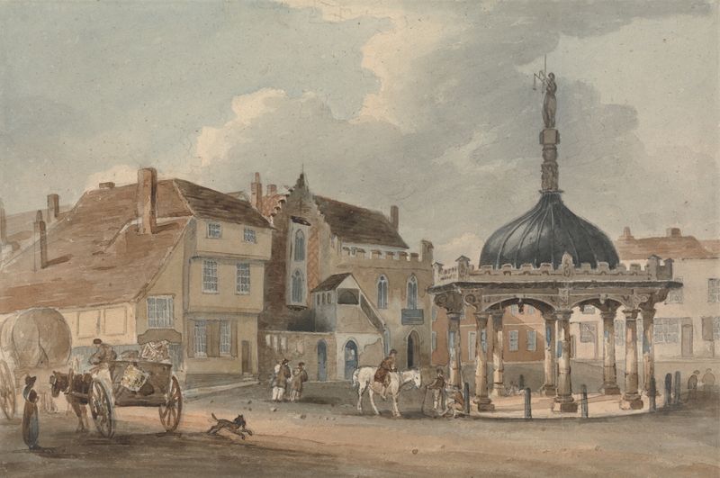 Corn Hill e Moot Hall, Ipswich de George Frost, óleo sobre tela, retratando arquitetura tranquila sob um céu cerúleo.