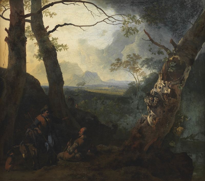 Southern Landscape with Herdsmen by Adam Pynacker, oil painting depicting herdsmen in a tranquil landscape.