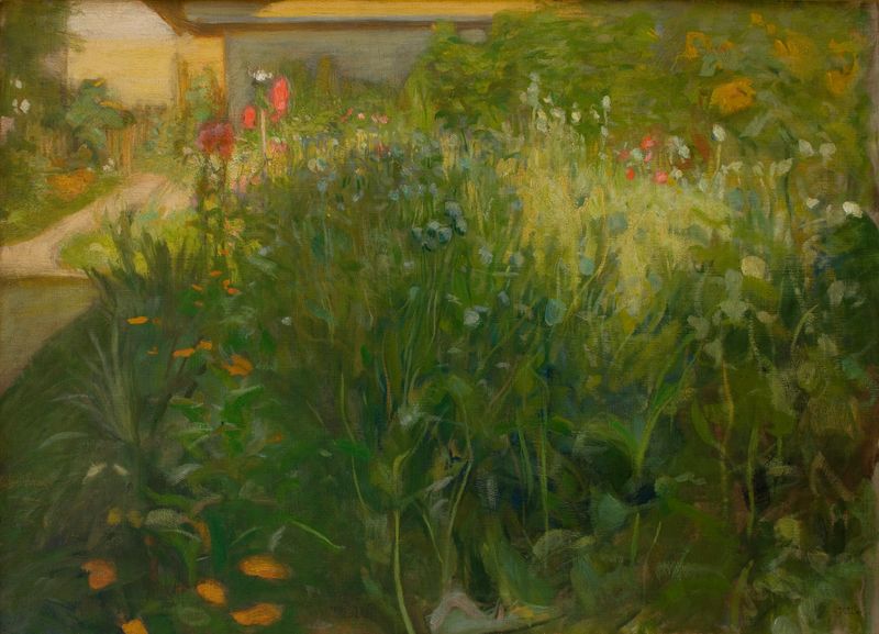 Pintura a óleo impressionista de Wojciech Weiss mostrando uma mulher entre flores em um jardim.