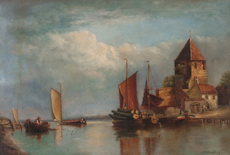 Canal scene with boats by Hendrik Barend Koekkoek, oil painting depicting tranquil waters and reflections.