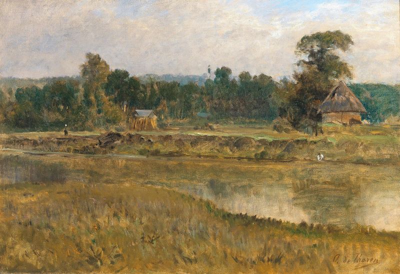 Eine Flusslandschaft by Otto von Thoren, oil on canvas depicting a tranquil river and trees