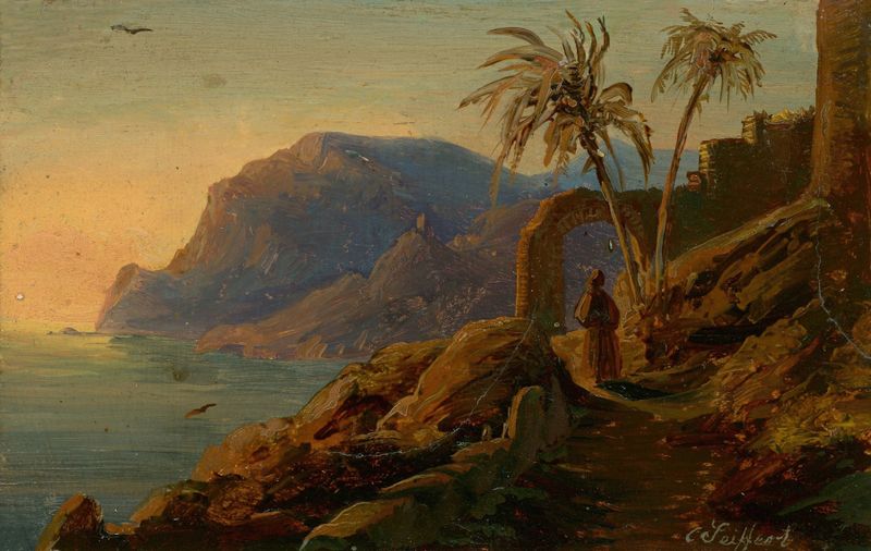 Sunset on Capri de Carl Friedrich Seiffert, óleo sobre lienzo que representa un vibrante atardecer sobre acantilados.