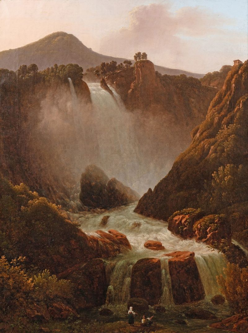 Marmore Falls de Giambattista Bassi, óleo sobre lienzo que representa una cascada y un paisaje exuberante.