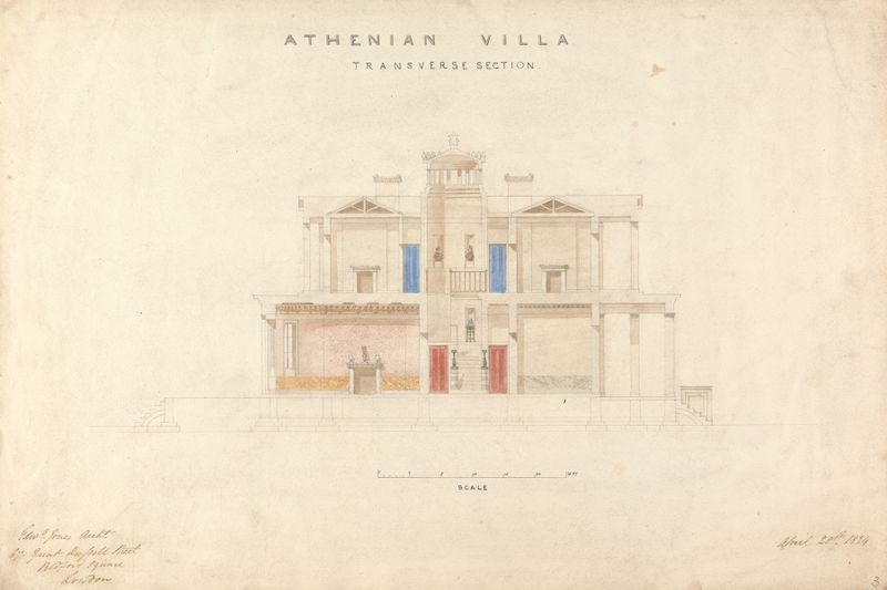Transverse section design of an Athenian villa by Edward Jones, ink on paper