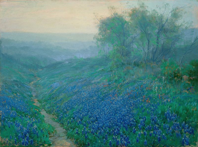 Oil painting by Julian Onderdonk depicting bluebonnets at dawn with golden light.