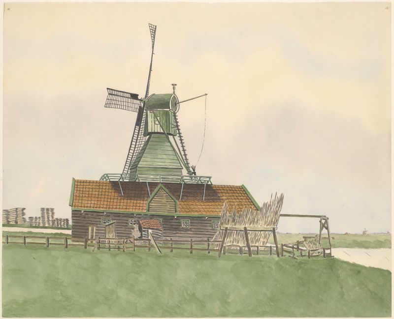 Houtzaagmolen De Onderneming de Johannes Nicolaas Eijman, óleo sobre lienzo que representa un molino de viento y un paisaje.