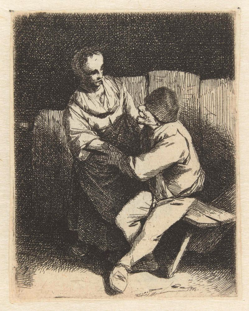 Gravura de Cornelis Pietersz. Bega mostrando uma mulher rejeitando a aproximação de um homem
