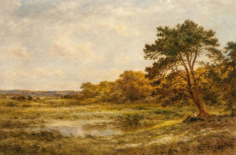 A reedy pool oil painting by Benjamin Williams Leader, depicting tranquil water and surrounding reeds.