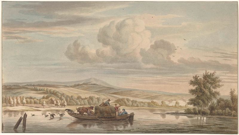 Riviergezicht met hooischuit by Christiaan Josi, aquatint depicting a river with a hay barge.