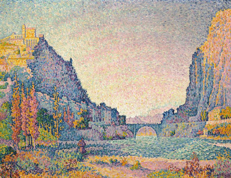 Sisteron de Paul Signac, óleo sobre lienzo que muestra un río y colinas bajo la luz del atardecer