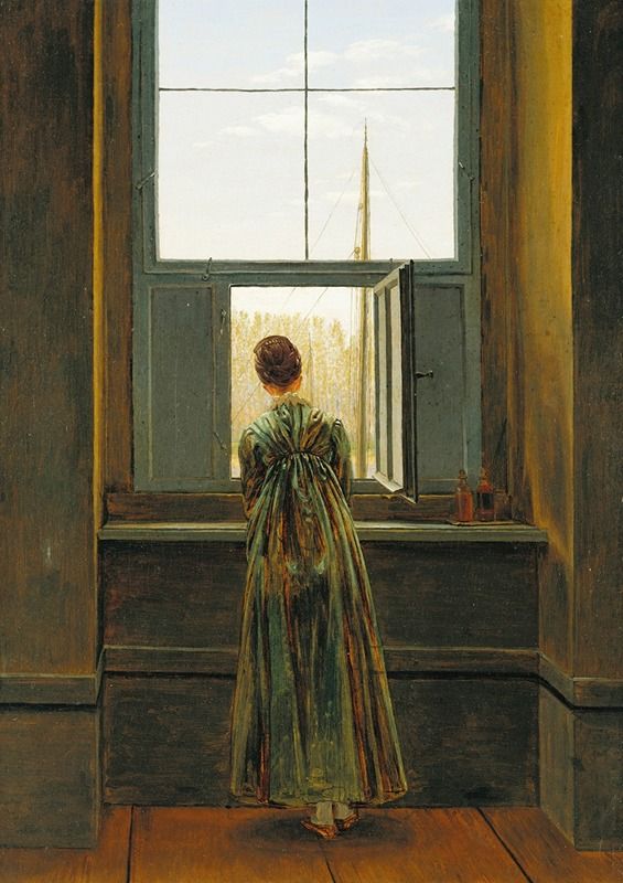 Oil painting by Caspar David Friedrich depicting a woman at a window overlooking a river with ships.