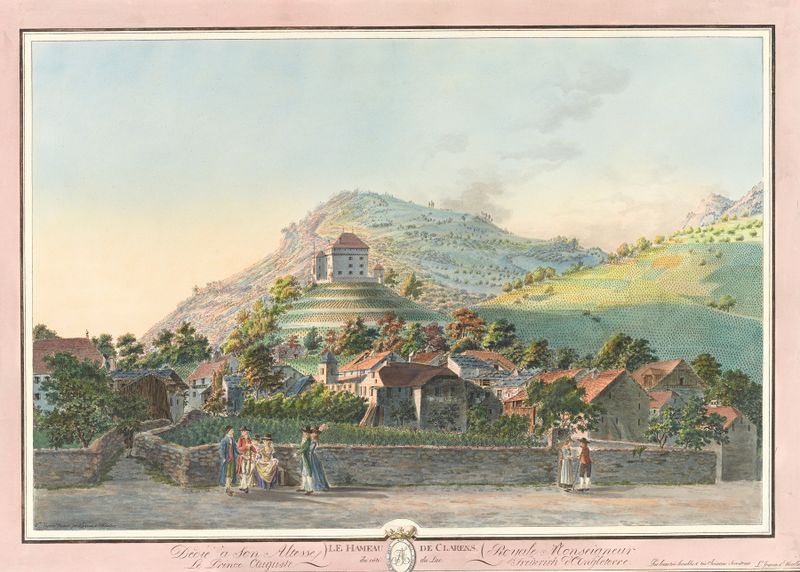 Oil painting by Pierre Samuel Louis Joyeux depicting a serene lake and village.