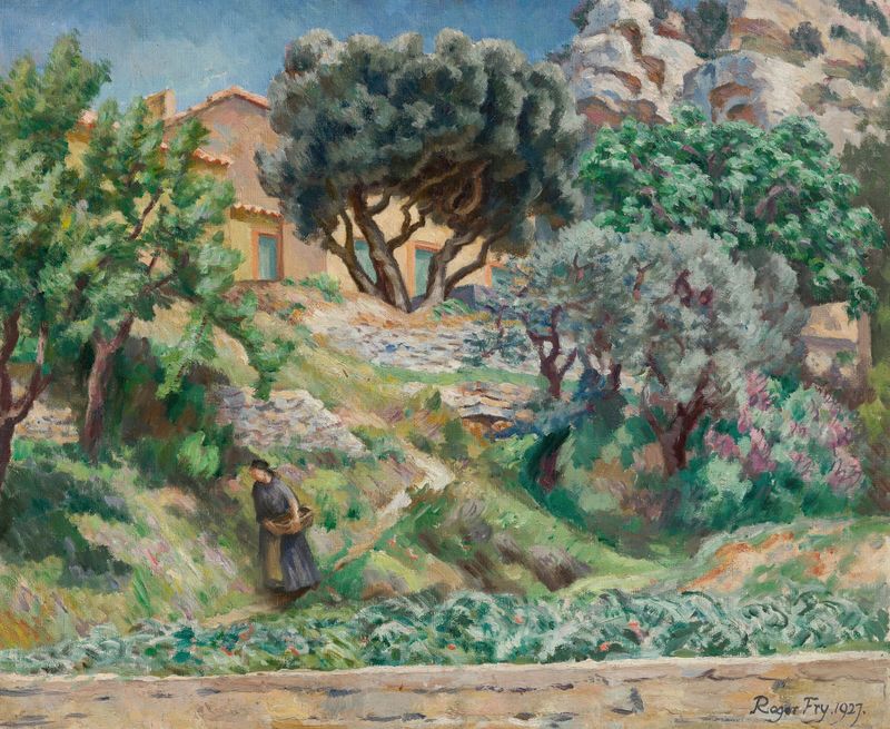 Paisaje provenzal con campos iluminados por el sol y colinas distantes de Roger Fry, óleo sobre lienzo