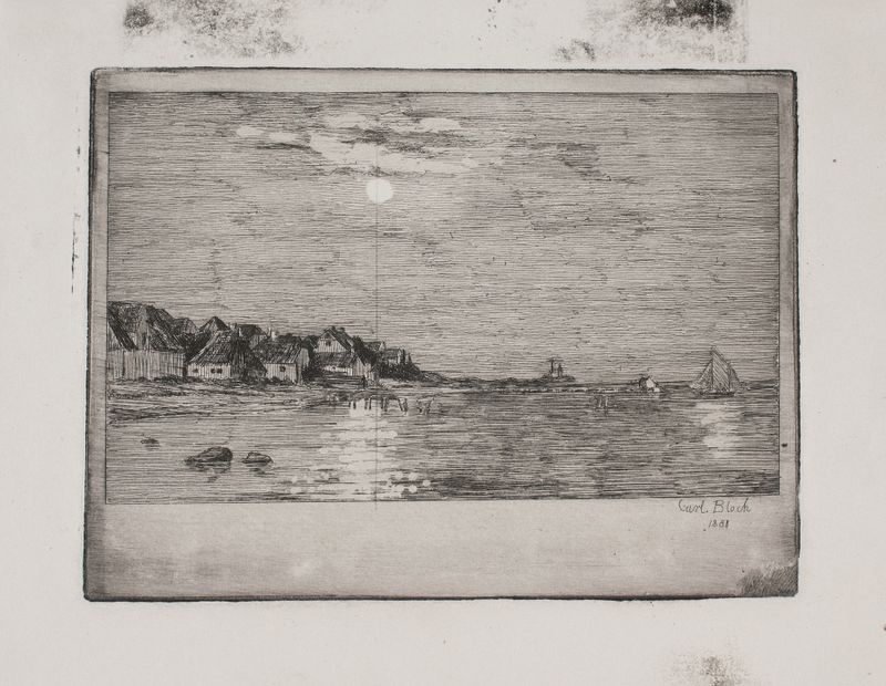Moonlight reflecting on water in Strandparti ved Hellebæk Måneskin, oil painting by Carl Bloch