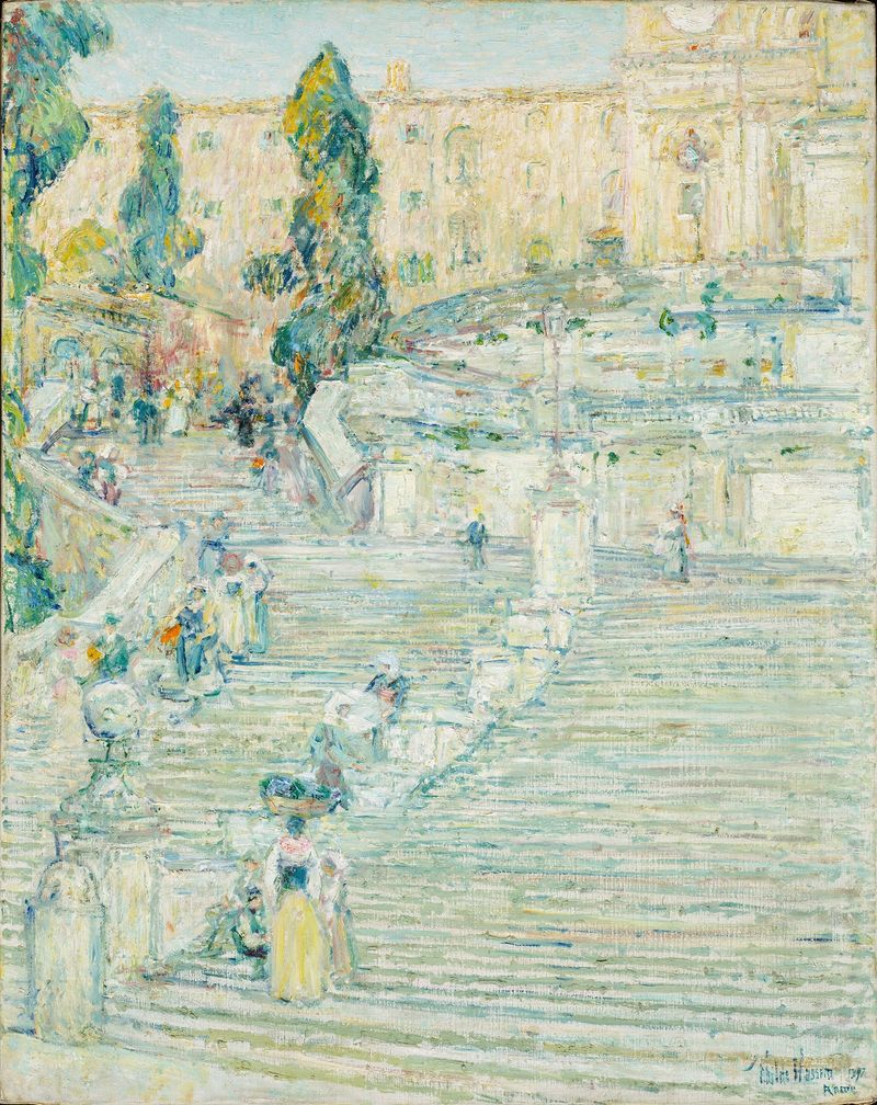 Las Escaleras Españolas, Roma de Childe Hassam, óleo de escalones de piedra desgastados iluminados por la luz del sol.