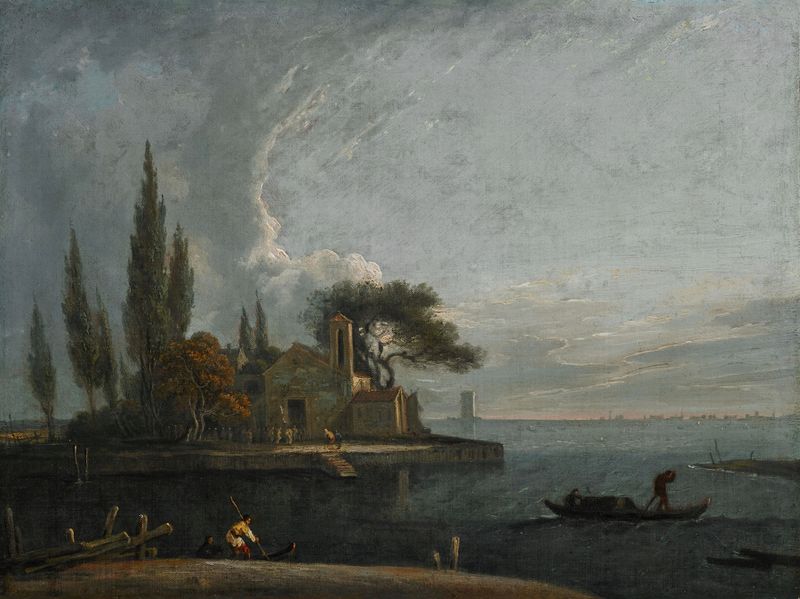 Rococo oil painting of the Venetian lagoon by Venetian School