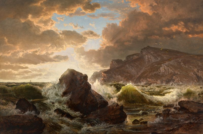 Coastal scene with crashing waves and rocky shore, oil on canvas by William Trost Richards