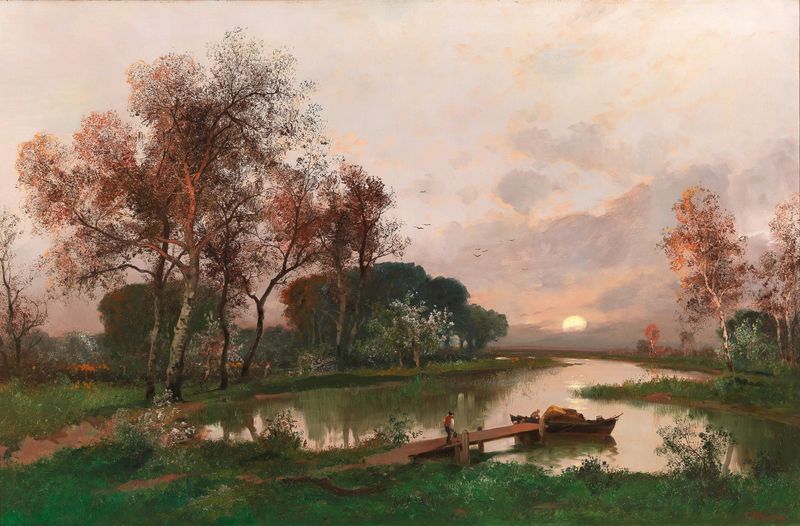A Landscape On The Pond by Adolf Kaufmann, impressionist oil painting depicting a serene pond with ripples.