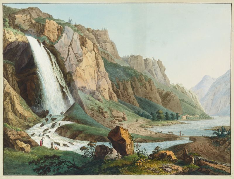 Vue de la Cascade de Pissevache by Jean-Antoine Linck, oil on canvas depicting a waterfall.