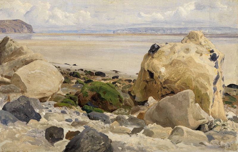 Paisaje que representa una costa desolada con rocas rugosas, óleo de Johann Wilhelm Schirmer