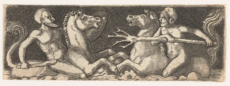 Grabado de dos tritones en batalla por Unknown Artist