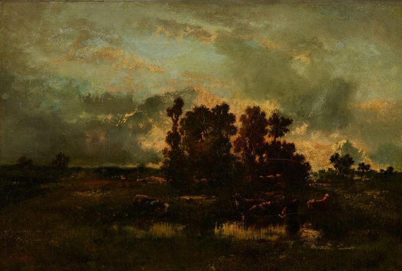 Wet Pasture de Narcisse-Virgile Diaz de La Peña, pintura al óleo que representa un prado verde con gotas de rocío.