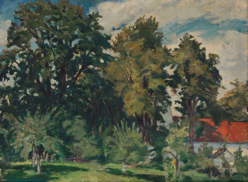 Paisagem de Radziszów de Stefan Filipkiewicz, impressionismo, retratando um riacho e vegetação