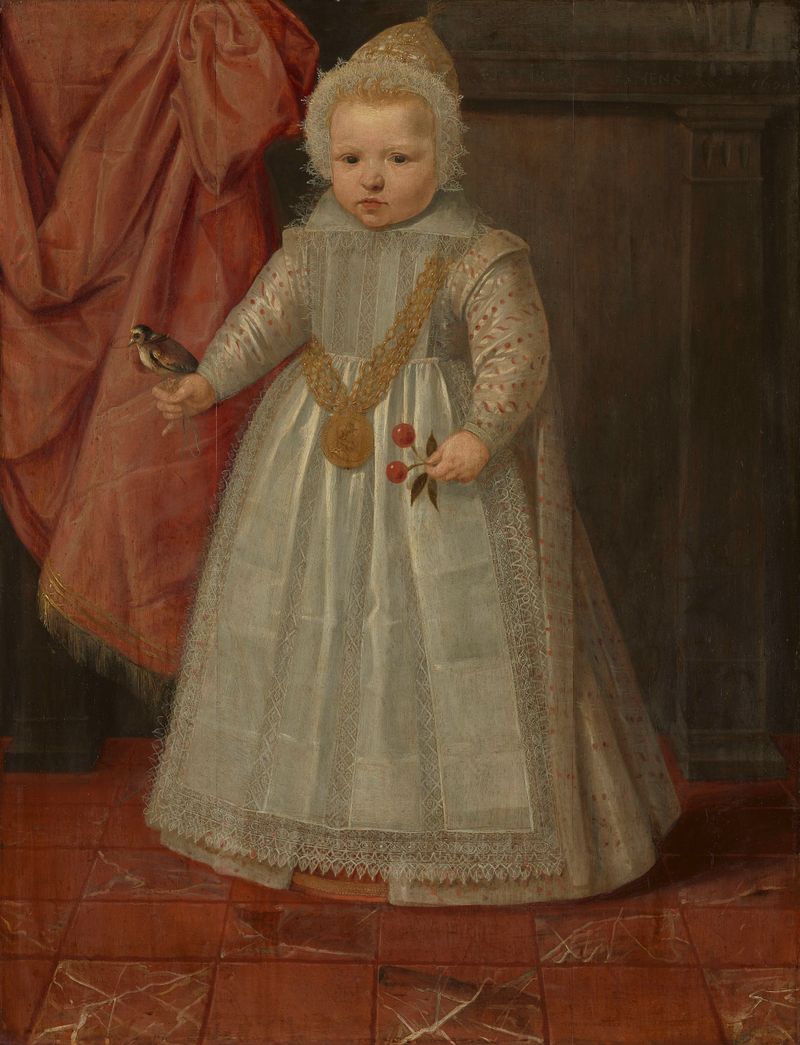 Retrato de um menino pequeno usando uma medalha, óleo sobre painel, artista desconhecido