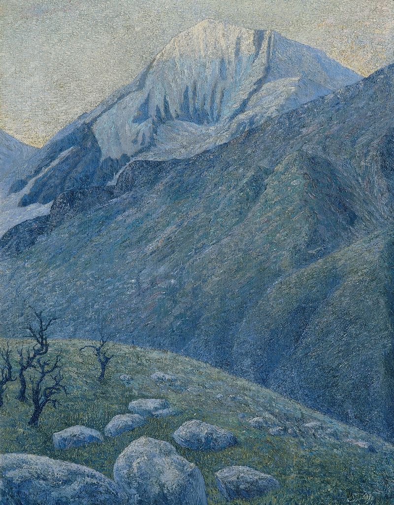 Königspitze de Alois Hans Hubner, óleo sobre tela, paisagem serena com montanhas e lago