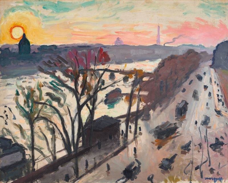 Paisaje invernal con río y edificios, pintura al óleo de Albert Marquet