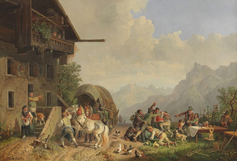 Rauferei vor einem Wirtshaus de Heinrich Bürkel, pintura a óleo que retrata uma briga caótica em uma taverna
