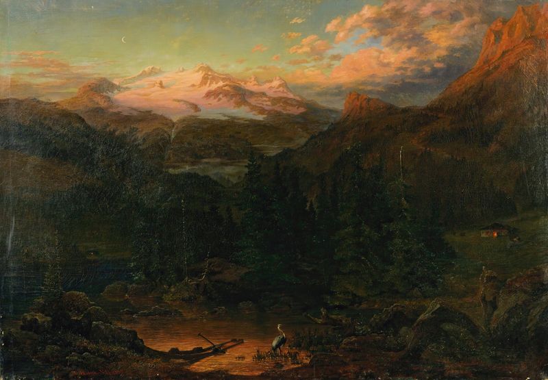 Mountains In The Moonlight de William Heine, pintura a óleo que retrata montanhas iluminadas pela luz da lua.