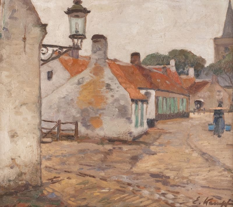 Pintura al óleo de Eugen Kampf que representa un paisaje de pueblo tranquilo.