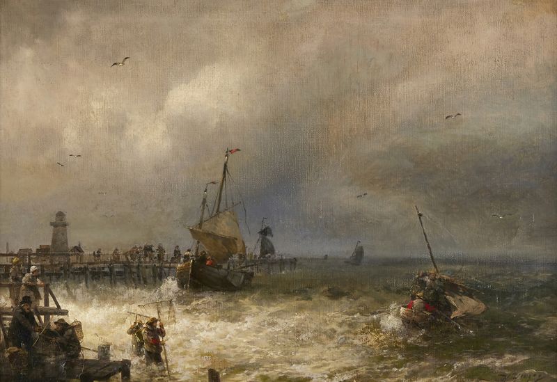 Oil painting by Hermann Ottomar Herzog depicting figures returning from fishing at twilight.